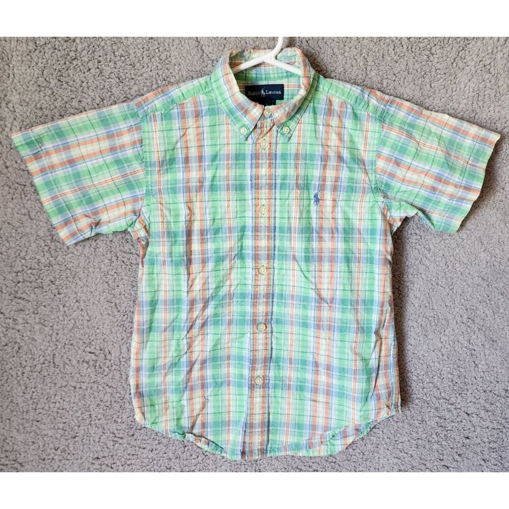 Ralph Lauren Green Plaid Short Sleeve Button Down Pony Logo Shirt Youth Size 7